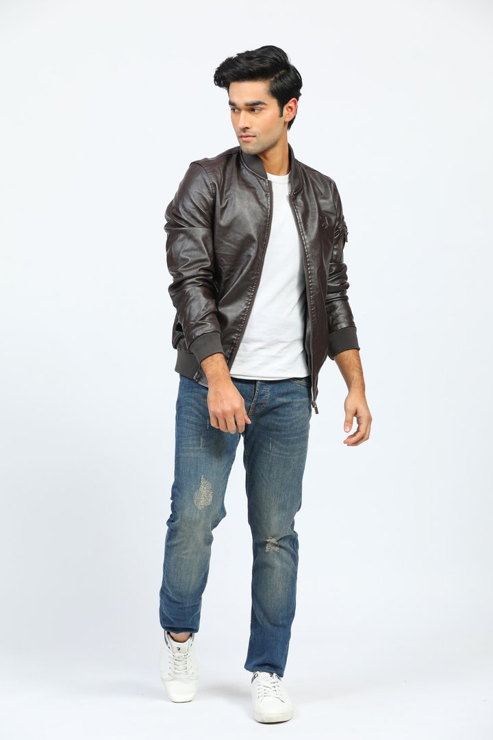 Coffee Faux Leather Jacket with Buttoned Pockets.jpg